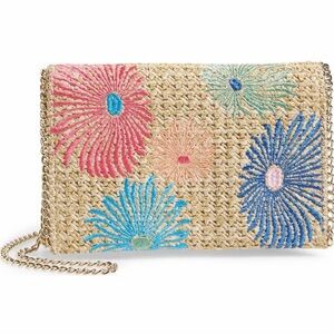 Chelsea28 Floral Embroidered Straw Woven Crossbody Purse Hand Bag Gold Chain